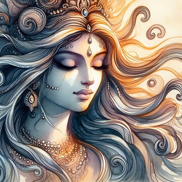 Watercolor Painting of Goddess Parvati's Flowing Hair
