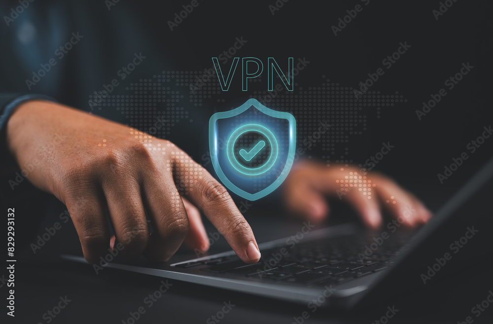 Fototapete VPN Virtual private network concept. Internet security, encrypted connection for anonymous internet user. Person use laptop with VPN connection on virtual screen.