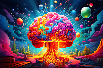Vibrant brain explosion with glowing colors and abstract symbols, set against a cosmic background. Surreal and captivating