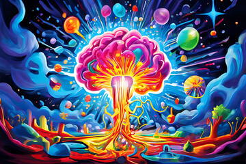 Vivid brain explosion unleashing whimsical ideas in colorful bursts. Watercolor, intricate, highly detailed