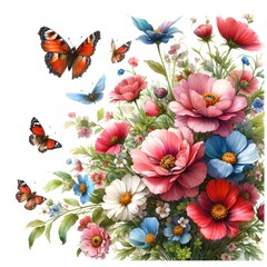 A vibrant bunch of flowers being visited by flying butterflies.