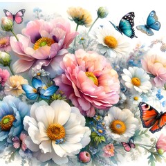 A colorful bouquet of flowers with butterflies fluttering around it.
