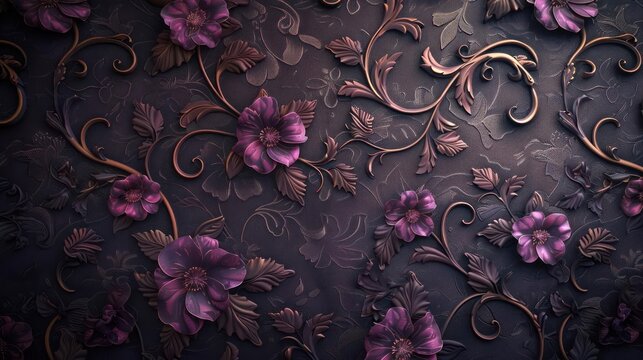 Fototapeta Dark Elegance, Purple Flora with Golden Touches Wallpaper