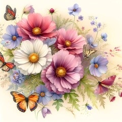 A collection of brightly colored flowers surrounded by fluttering butterflies.