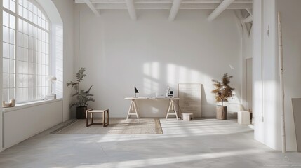 A bright and spacious office environment with white walls and minimalist furnishings, providing a clean and organized workspace for productivity and creativity.