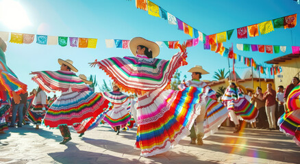 A group of dancers in traditional Mexican attire, wearing white and red psychedelic fractal patterned ponchos with bright rainbow stripes dancing under colorful flags at an outdoor fiesta in the villa
