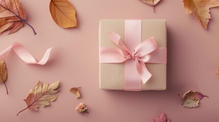 A decorative gift box with a pink ribbon bow, displayed on a flat lay solid color background with dried leaves, featuring generous copy space