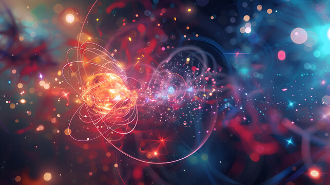 Quantum mechanics of  Subatomic Particles, electron, proton, neutron, atomic cloud, atomic orbitals, Cosmic Dance of Particles Physics in Vibrant Colors, jumping electron, moment of inertia  