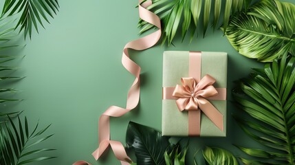 A gift box with a decorative ribbon bow, set on a flat lay solid color background with dried flowers and tropical leaves, featuring ample area for copy
