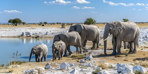 Majestic Elephants Gather at Water's Edge.
Elephant Families Enjoying a Drink by the River