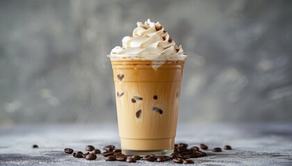Whipped cream on grey background adorns iced latte