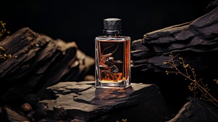 Mockup of a bottle of men's perfume standing on a stone on a dark background