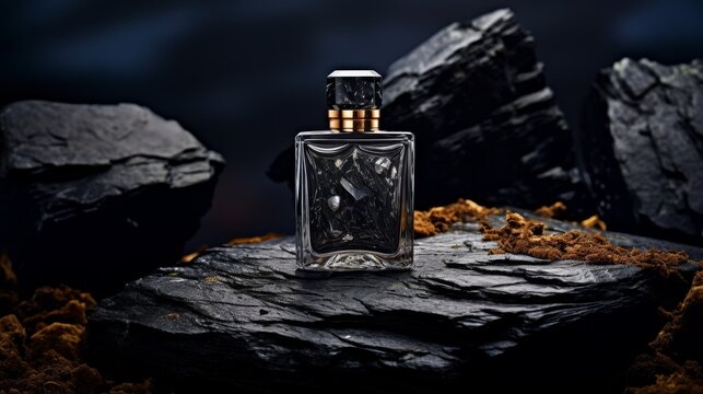 Mockup of a bottle of men's perfume standing on a stone on a dark background