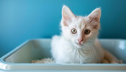 White cat using the litter box