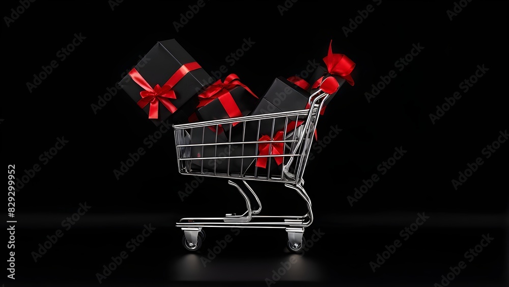 Wall mural black friday shopping cart brimming with black gift boxes