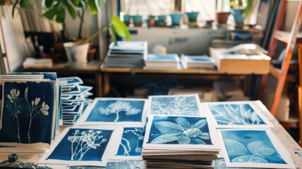 Handmade greeting cards with cyanotype prints of various plants, displayed on a craft table