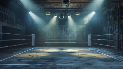 Empty boxing ring under spotlight