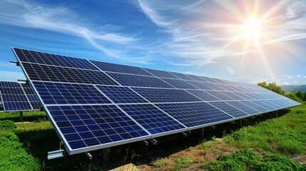 solar panels, Renewable energies, blue sky, white clouds, copy and text space, 16:9