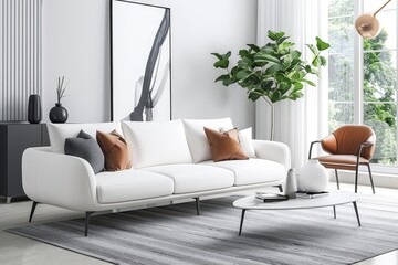 White designer sofa with cushions on grey carpet in minimalistic living room with high ceiling futuristic chair plant picture and vases on table