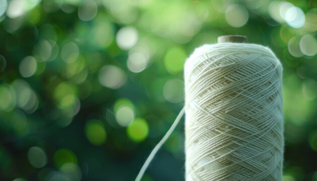 White FDY Yarn on green blurred spool