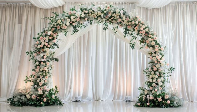 White flower arch in a restaurant s wedding banquet room adorned with greens and a backdrop of white cloth