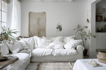 White living room with botanical posters and sofa in background