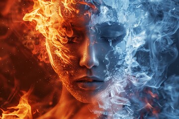 Abstract image of a woman's face divided between fire and ice, representing contrast and duality.