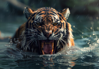 Tiger, open mouth showing teeth in water