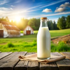 milk in a glass bottle on the background of the fa