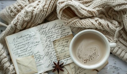 Winter cozy scene with coffee sweater and letters Perfect for bloggers