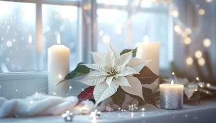 Winter Christmas theme with a cozy window display featuring poinsettia flowers and candlelight