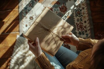 Woman s hand opening package from above