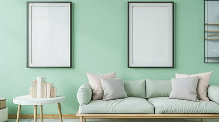 A fresh and airy space with a mint green wall. Two tall blank frames hang above a light wooden Scandinavian style sofa. A small, round white table holds a few books. - Powered by Adobe
