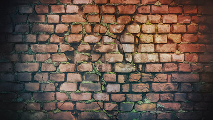 Weathered and cracked brick wall in close-up