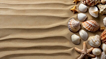 Different sea shells on beach sand, top view. Banner for design, copy space 
