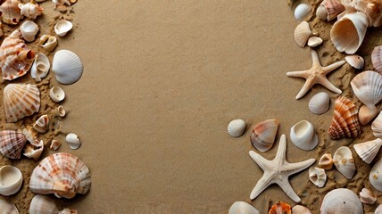 Obraz premium Different sea shells on beach sand, top view. Banner for design, copy space 