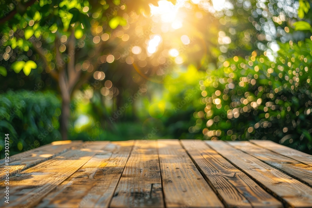 Sticker Wooden table with garden bokeh for food background country outdoor theme product display template