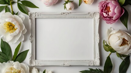 Pink background with peony fresh flowers and petals with the wooden frame for text copy space