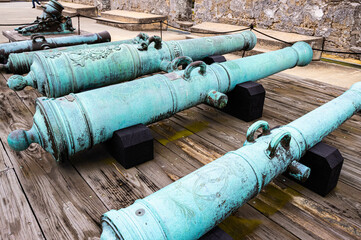 Brass Spanish Cannons on The Weapons of War Gun Deck , Castillo de San Marcus, St. Augustine, Florida, USA