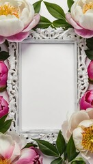 Pink background with peony fresh flowers and petals with the wooden frame for text copy space