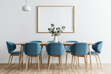 Wooden dining table with chair plant vase and blue sofa