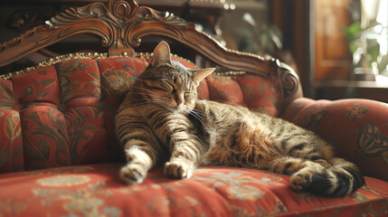 A tabby cat is sleeping on a red velvet couch - Powered by Adobe