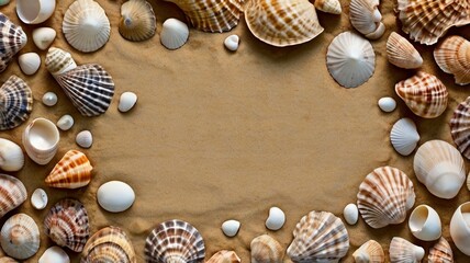 Different sea shells on beach sand, top view. Banner for design, copy space 