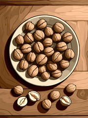 Plate with walnuts, on a wooden surface.   The picture is relevant for those who are interested in food illustrations or are looking for visual examples of this type of nut.
