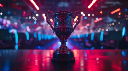 Championship Trophy Displayed In A High Tech Gaming Environment With Vibrant Neon Lights
