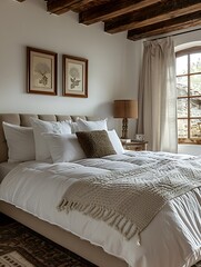 Bedroom with a king-size bed covered in crisp linens and a stylish bedspread