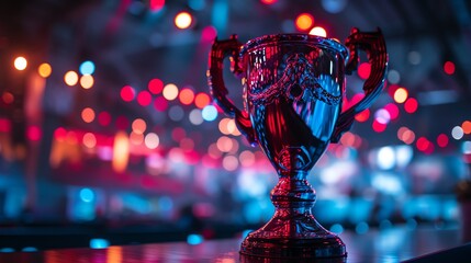 Gaming Champion Trophy Illuminated By Neon Lights And High Tech Arena Ambiance