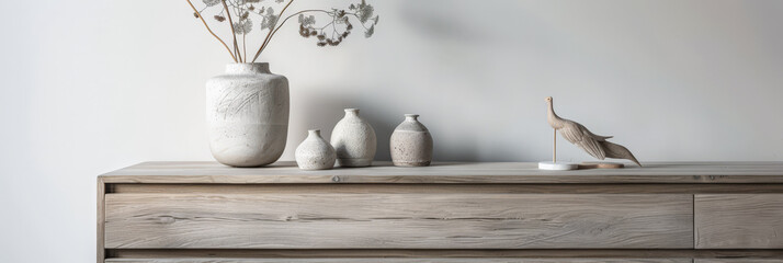 Wooden dresser in warm neutral color in an interior design room composition. Minimalistic chic interiors with copyspace for text.