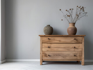 Wooden dresser in warm neutral color in an interior design room composition. Minimalistic chic interiors with copyspace for text.