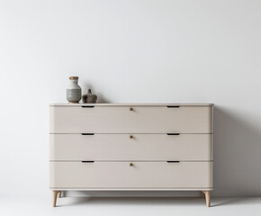 Wooden dresser in warm neutral color in an interior design room composition. Minimalistic chic interiors with copyspace for text.